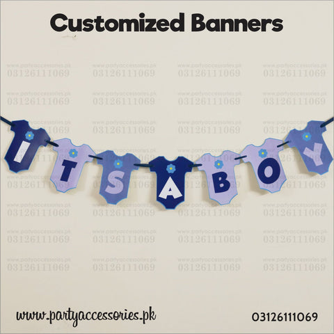 Romper shaped ITS A BOY bunting banner wall decoration in Blue color 