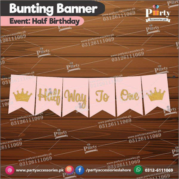 Half way to one birthday Bunting banner with Golden Glitter Pasted Letters in Pink Color