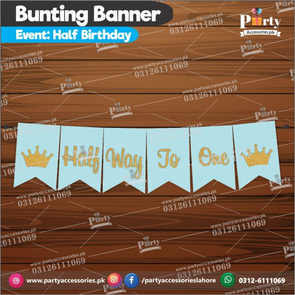 Half way to one birthday Bunting banner with Golden Glitter Pasted Letters in Blue Color