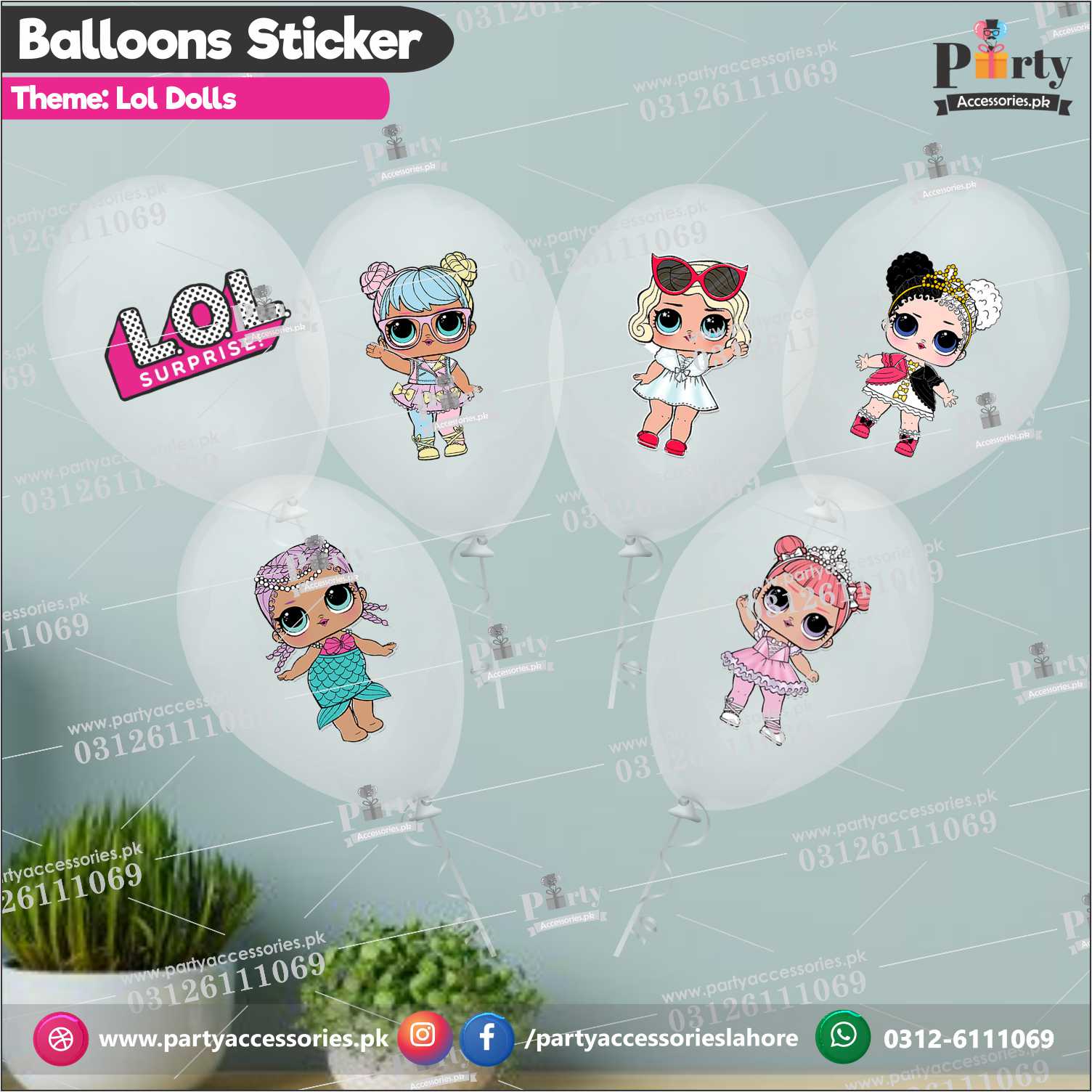 Lol Dolls theme transparent balloons with stickers pack of 6