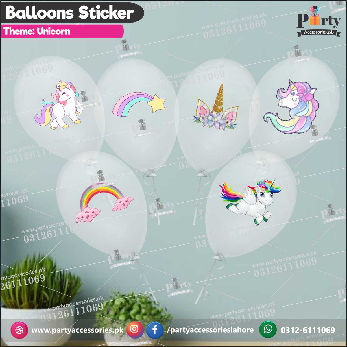 Unicorn Theme Transparent Party Balloons With Stickers | Pack of 6