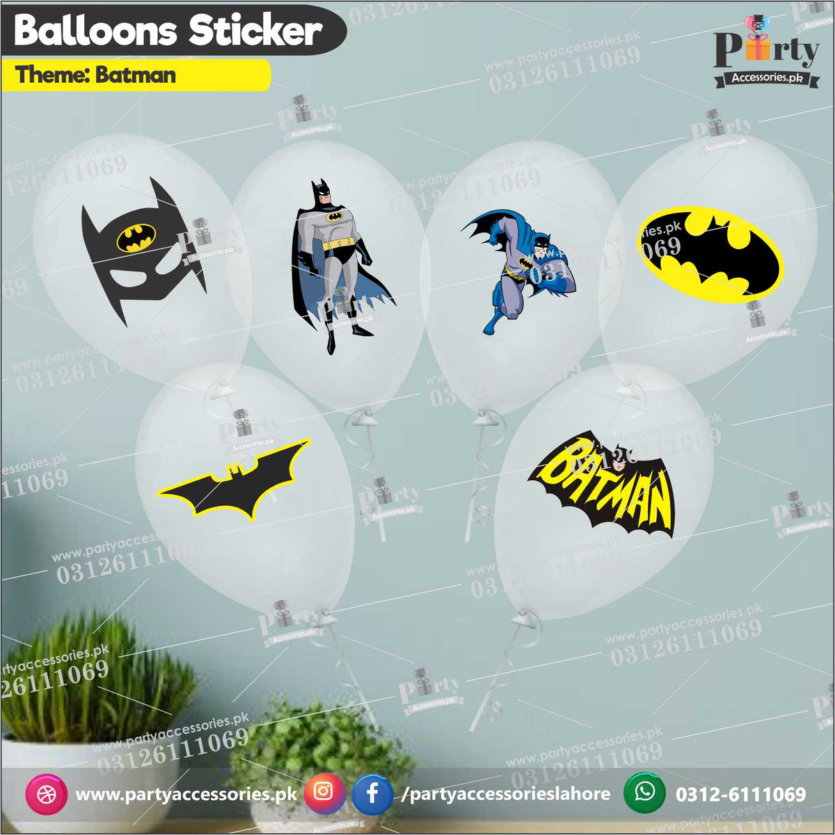 Batman theme transparent balloons with stickers pack of 6