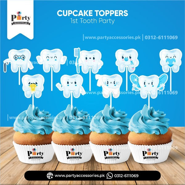 first tooth cupcake toppers set for boy for table decoration