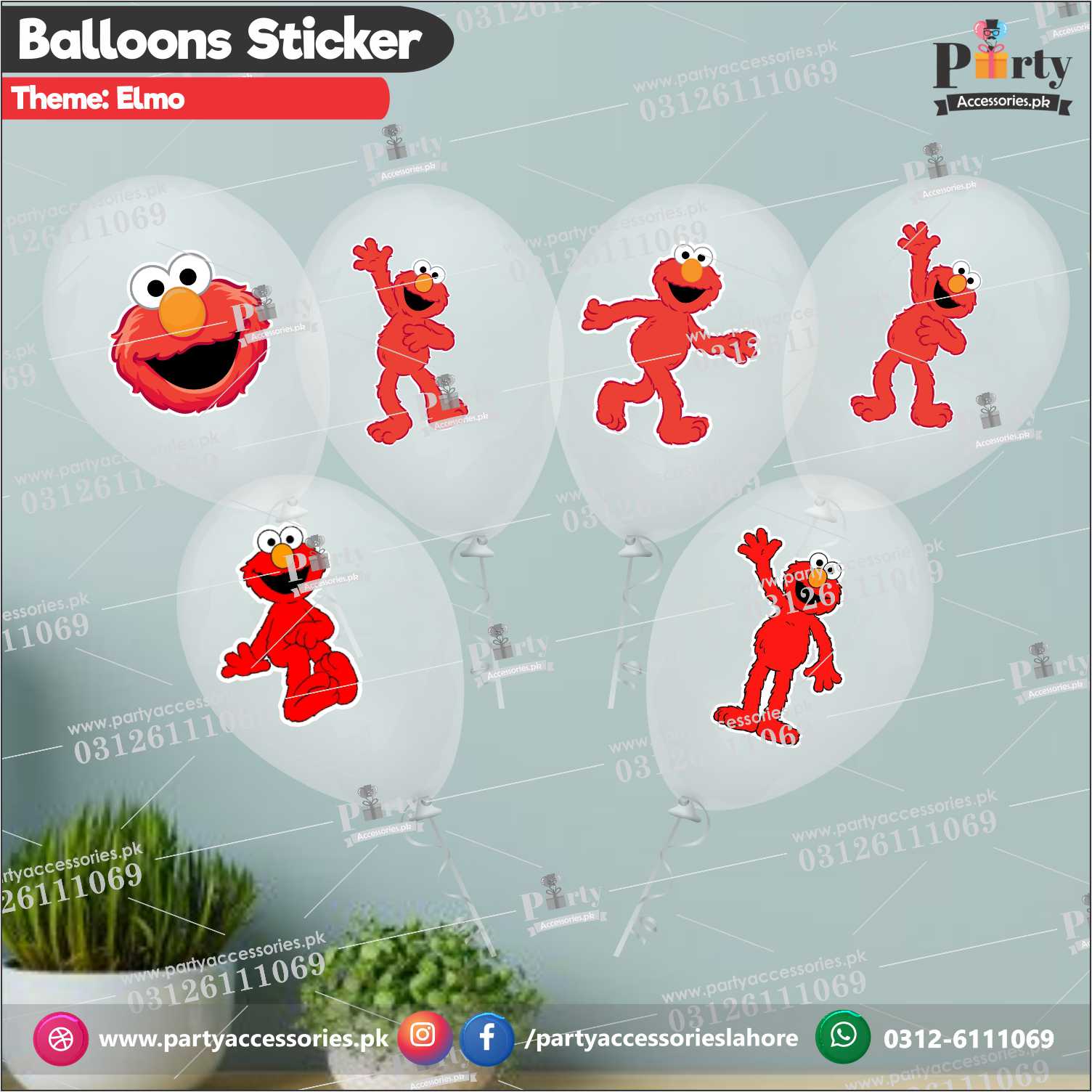 Elmo theme transparent balloons with stickers pack of 6