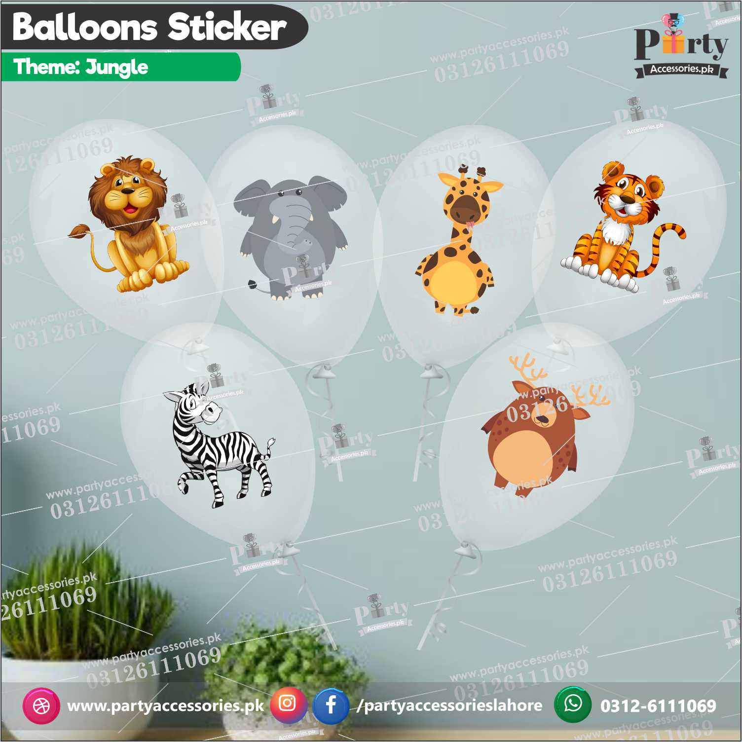 Jungle safari theme transparent balloons with stickers pack of 6