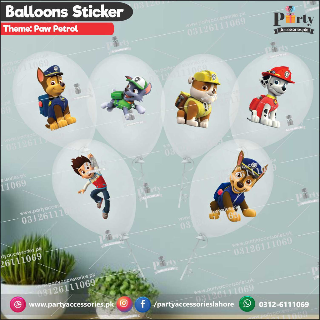 Paw Patrol theme transparent balloons with stickers pack of 6