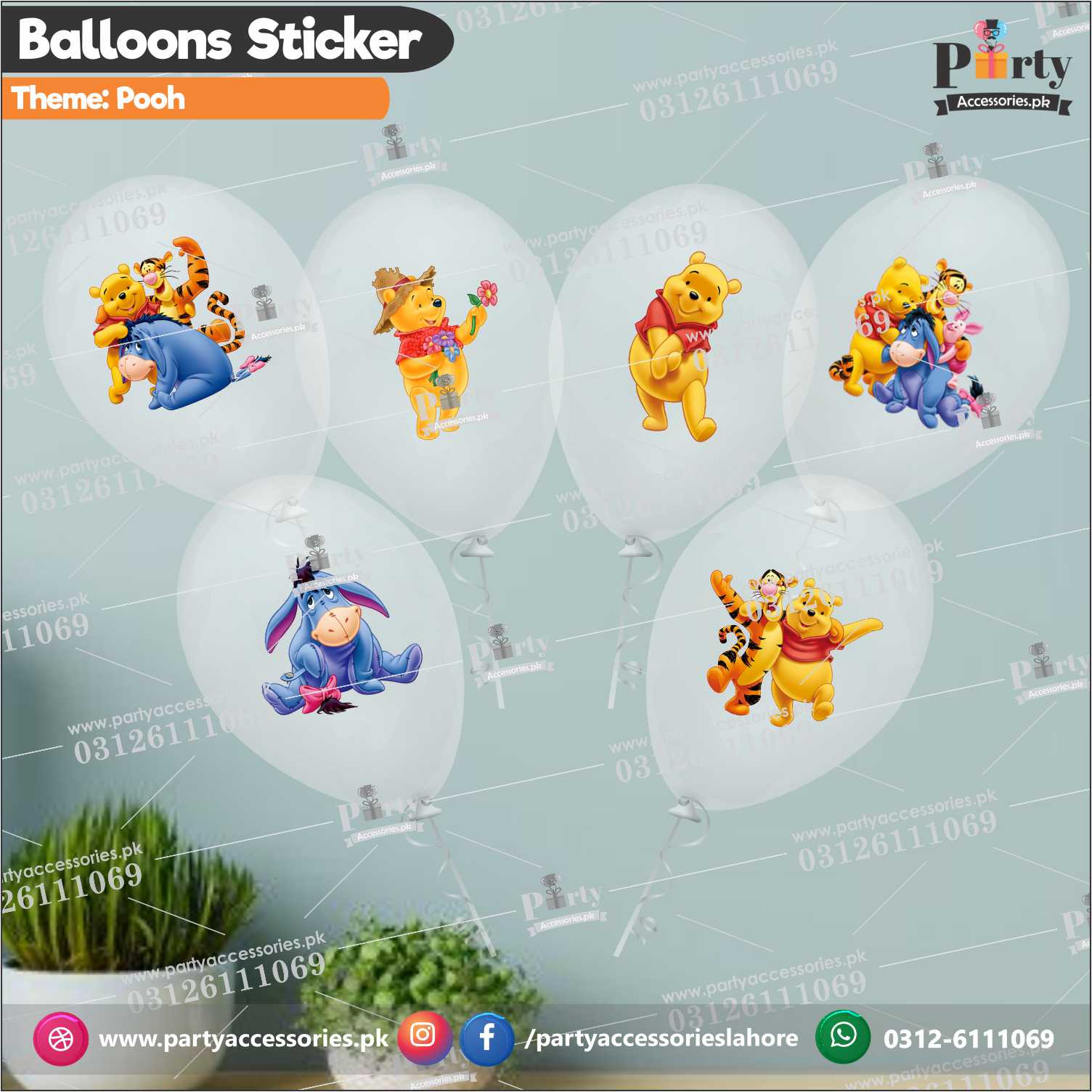 Pooh Theme Transparent Balloons With Stickers | Pack of 6