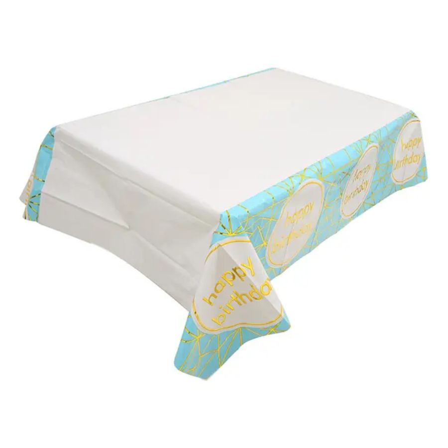 blue and golden table top cover happy birthday