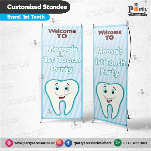 first tooth party welcome standee in blue