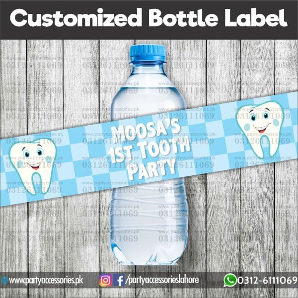 Bottle labels for First tooth theme celebration table decor