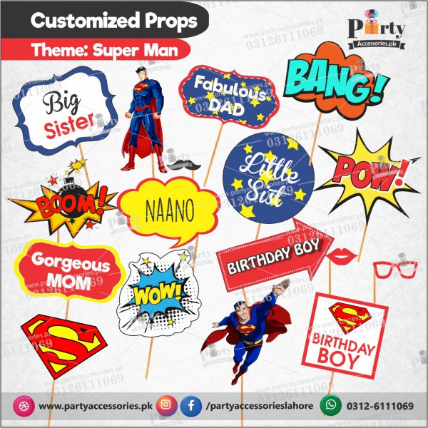 superman theme customized party photo props for birthday party celebrations 